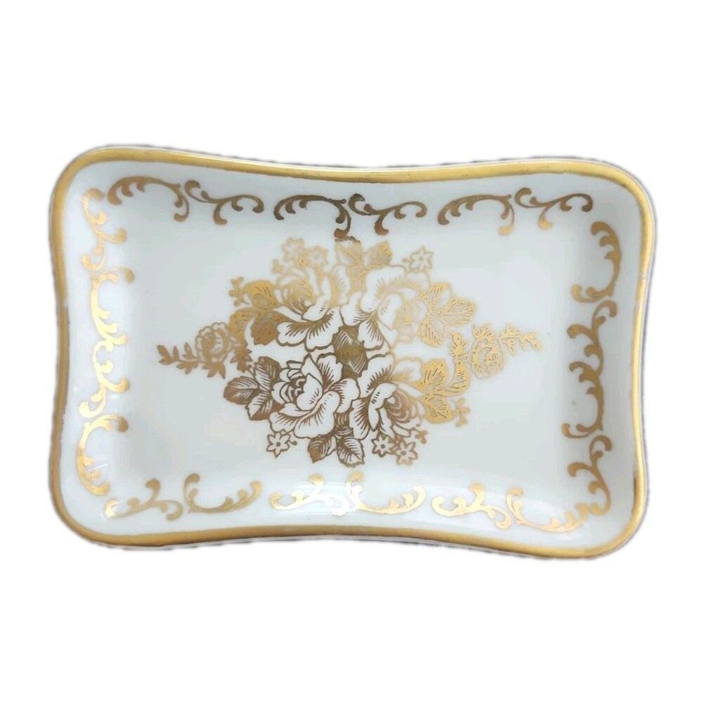 Limoges White and Gold Porcelain Trinket Dish 4.5 x 3 in